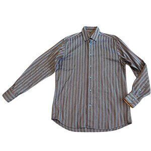 Visconti Black 100% Cotton Blue Brown Stripe Shirt Long Sleeve Button Down Med
